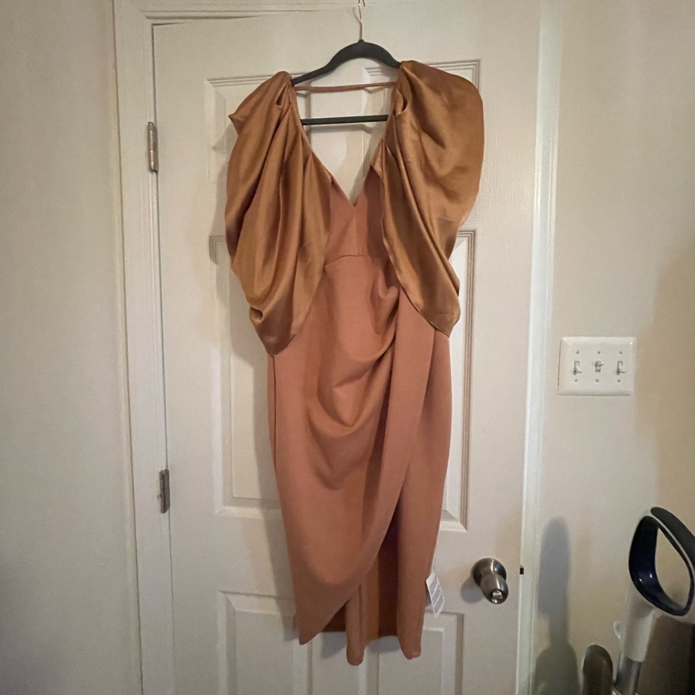ASOS Elegant GOLD/ Brown Dress with Draped Sleeves
